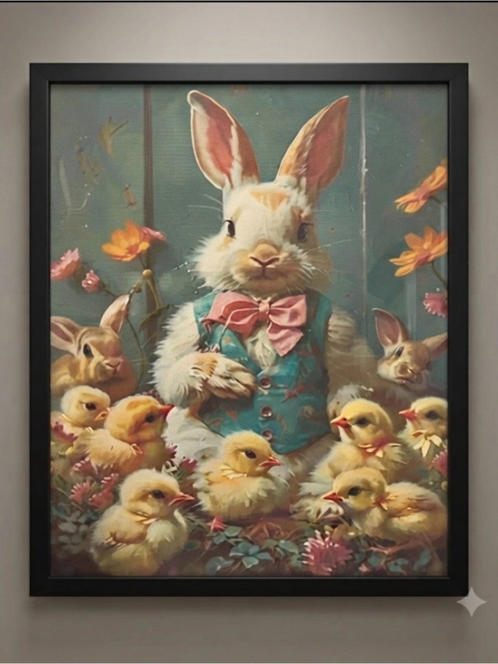 Spring Rabbit With Baby Chicks | Vintage Bunny Painting, Cute Framed 8x10 print